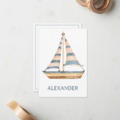 水彩青ストライプ帆船 ノートカード (正面/裏面インサイチュ)