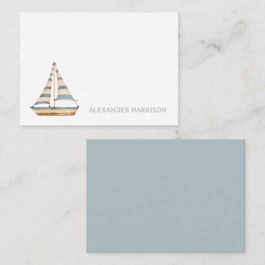 水彩青ストライプ帆船 ノートカード (正面/裏面)