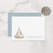 水彩青ストライプ帆船 ノートカード (正面/裏面インサイチュ)