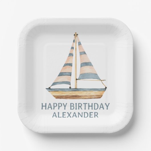 水彩青ストライプ帆船 ペーパープレート (正面)