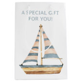 水彩青ストライプ帆船 ミディアムペーパーバッグ (正面)