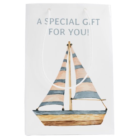 水彩青ストライプ帆船 ミディアムペーパーバッグ (正面)