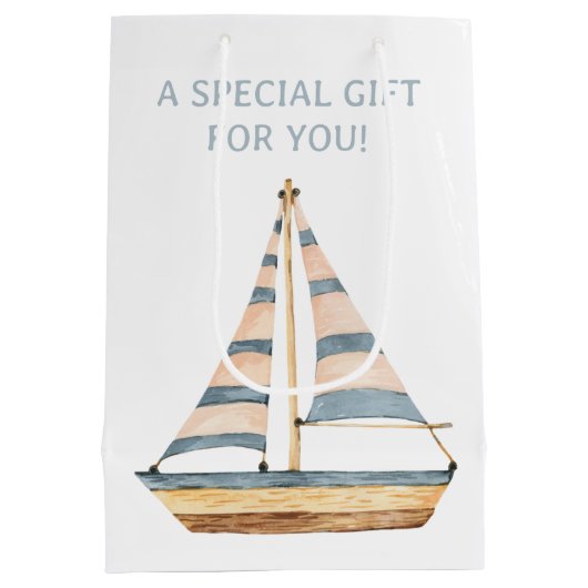 水彩青ストライプ帆船 ミディアムペーパーバッグ (裏面)