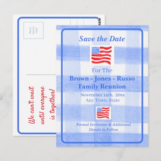 水彩青チェック アメリカ国旗 SAVE THE DATE ポストカード (正面/裏面)