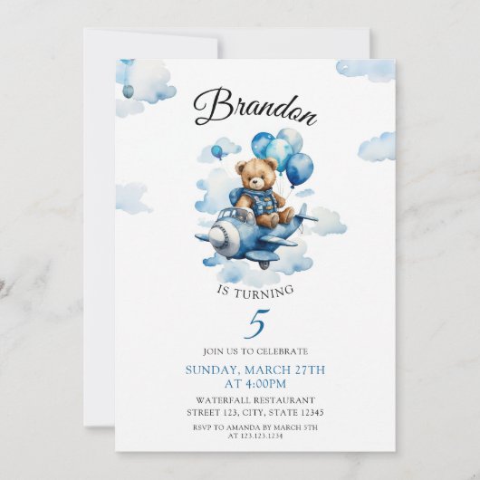 水彩青テディベア飛行機第5誕生日 招待状 (正面)
