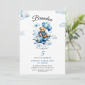 水彩青テディベア飛行機第5誕生日 招待状 (スタンド正面)