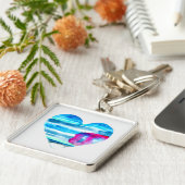 水彩青ハートかわいいハート キーホルダー (側面)