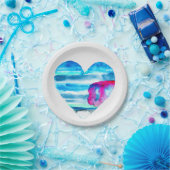 水彩青ハートかわいいハート ペーパープレート (パーティー)