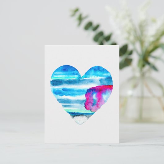 水彩青ハートかわいいハート ポストカード (スタンド正面)
