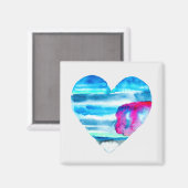 水彩青ハートかわいいハート マグネット (正面/裏面)