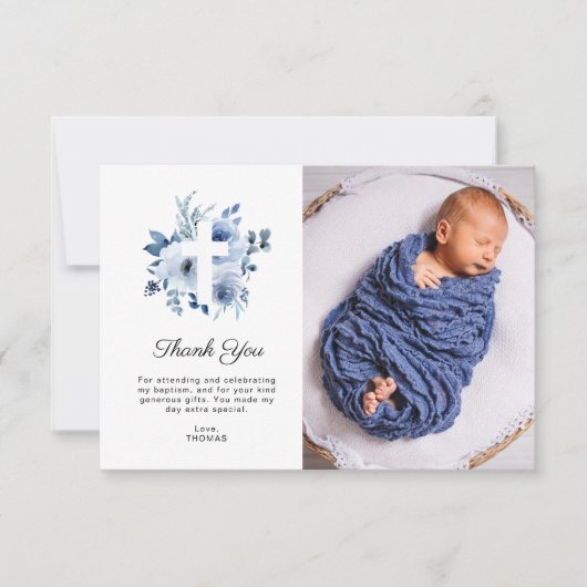 水彩青バプテスマ写真サンキューカード 招待状 (正面)