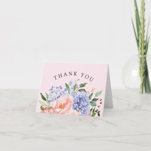 水彩青ピンクのハイドランジア花言葉の感謝 サンキューカード (正面)