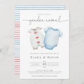 水彩青ピンクの赤ちゃん服ジェンダーが明らかにする 招待状 (正面/裏面)