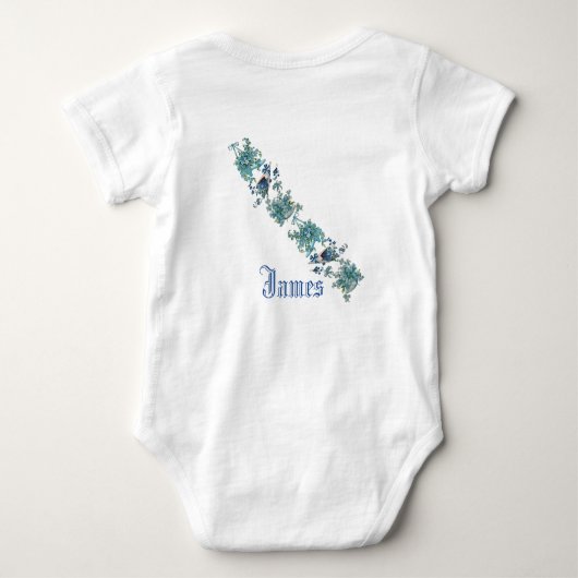 水彩青ファンキー紫の花モノグラム ベビーボディスーツ (裏面)