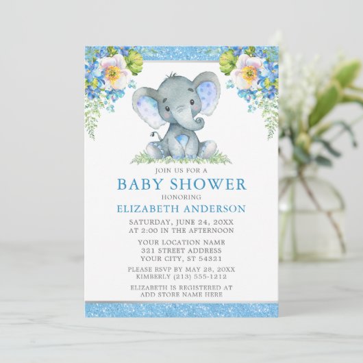 水彩青フローラゾウのシャワーグリッター 招待状 (スタンド正面)