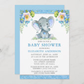 水彩青フローラゾウのシャワーグリッター 招待状 (正面/裏面)