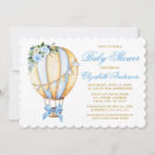 水彩青フローラ気球弓赤ちゃんシャワー 招待状 (正面)