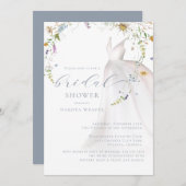 水彩青フローラ結婚ズドレスブライダルシャワー 招待状 (正面/裏面)
