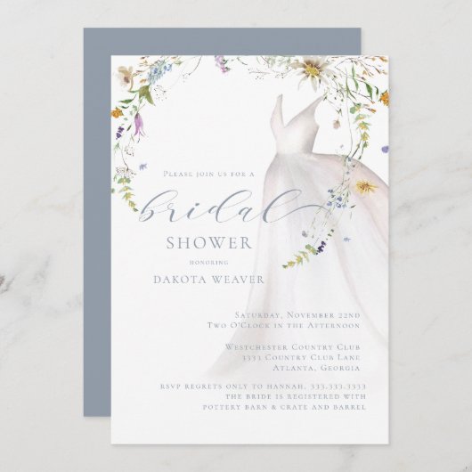 水彩青フローラ結婚ズドレスブライダルシャワー 招待状 (正面/裏面)