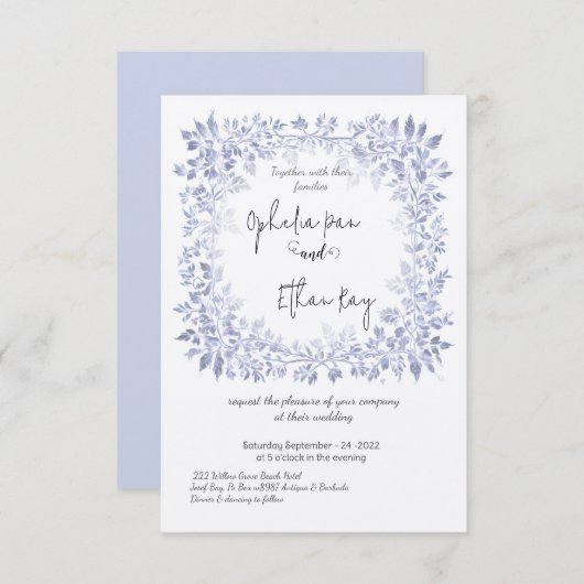水彩青フローラ華美結婚式招待状 招待状 (正面/裏面)