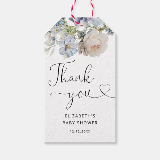 水彩青フローラ赤ちゃんシャワーありがとう ギフトタグ (正面)