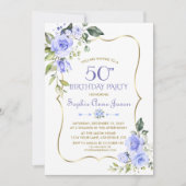 水彩青フローラ金ゴールドフレーム50誕生日 招待状 (正面)