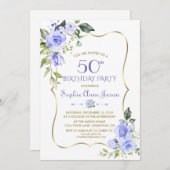 水彩青フローラ金ゴールドフレーム50誕生日 招待状 (正面/裏面)