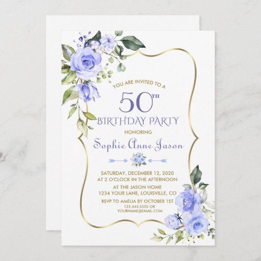 水彩青フローラ金ゴールドフレーム50誕生日 招待状 (正面/裏面)