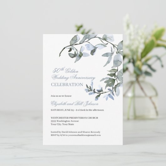 水彩青フローラ50周年結婚を迎える 招待状 (スタンド正面)