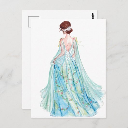 水彩青プリンセスファッションイラストレーション ポストカード (正面/裏面)