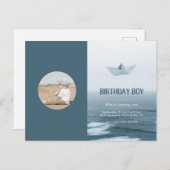 水彩青ボートボーイバースデーパーティー インビテーションポストカード (正面/裏面)
