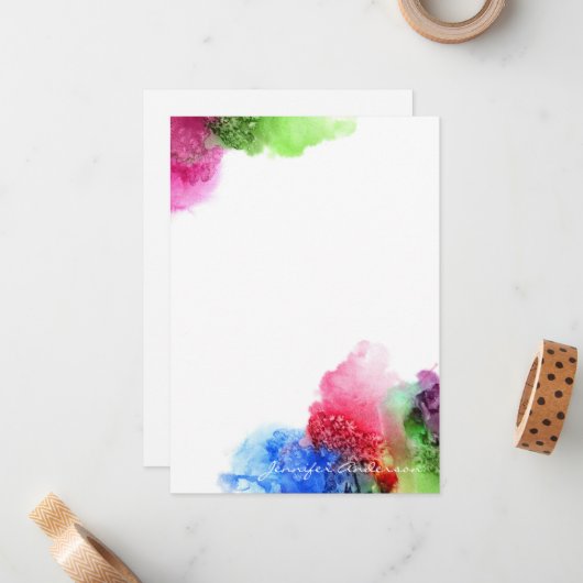 水彩青モダン緑赤パーソナライズされた ノートカード (正面/裏面インサイチュ)