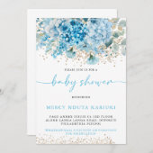 水彩青モダン金ゴールドフローラ赤ちゃんシャワー 招待状 (正面/裏面)