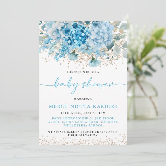 水彩青モダン金ゴールドフローラ赤ちゃんシャワー 招待状 (スタンド正面)