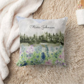 水彩青モノグラムの紫の花草地 クッション (ブランケット)