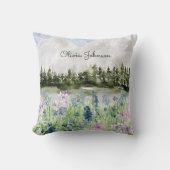 水彩青モノグラムの紫の花草地 クッション (正面)