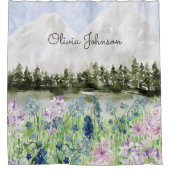 水彩青モノグラムの紫の花草地 シャワーカーテン (正面)