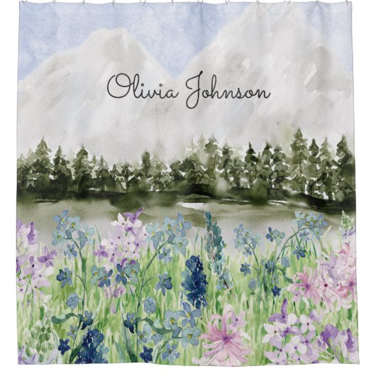 水彩青モノグラムの紫の花草地 シャワーカーテン (正面)