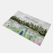 水彩青モノグラムの紫の花草地 ドアマット (アングル)