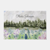 水彩青モノグラムの紫の花草地 ドアマット (正面)