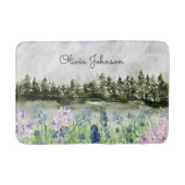 水彩青モノグラムの紫の花草地 バスマット (正面)