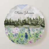 水彩青モノグラムの紫の花草地 ラウンドクッション (正面)