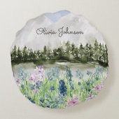 水彩青モノグラムの紫の花草地 ラウンドクッション (裏面)