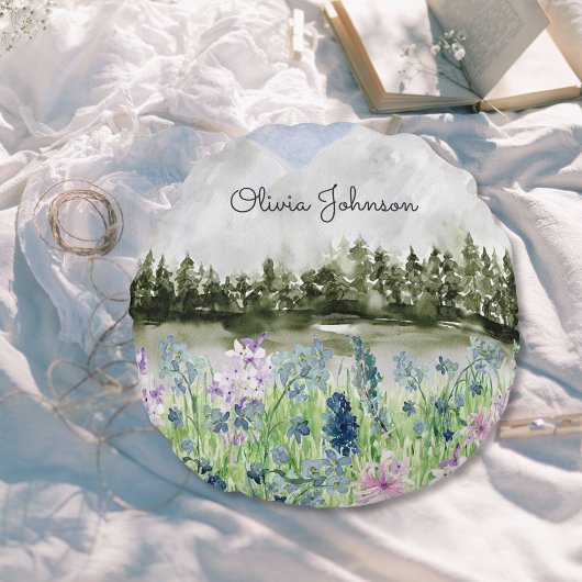 水彩青モノグラムの紫の花草地 ラウンドクッション