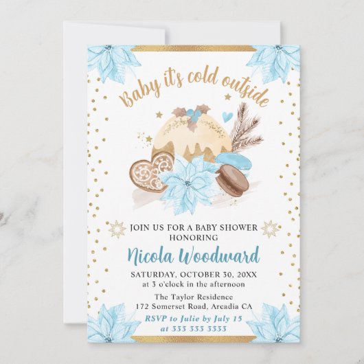 水彩青冬のケーキ&クッキー赤ちゃんシャワー 招待状 (正面)