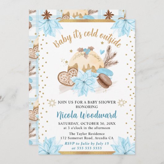 水彩青冬のケーキ&クッキー赤ちゃんシャワー 招待状 (正面/裏面)