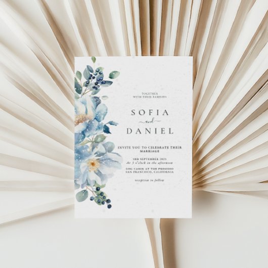 水彩青冬フローラ雪結婚雪 招待状