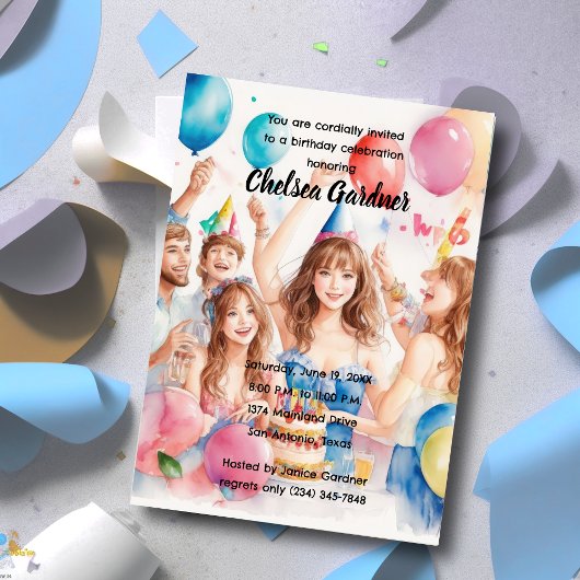 水彩青少年祝誕生日 招待状