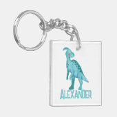 水彩青恐竜と子供の名前 キーホルダー (正面左)