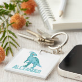 水彩青恐竜と子供の名前 キーホルダー (正面右)
